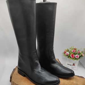 Genuine Leather Womens Boots, Riding Boots, Low Heel, 6.5 US Women's Size, Round Toe, Suzani Boots, Black Leather Boots