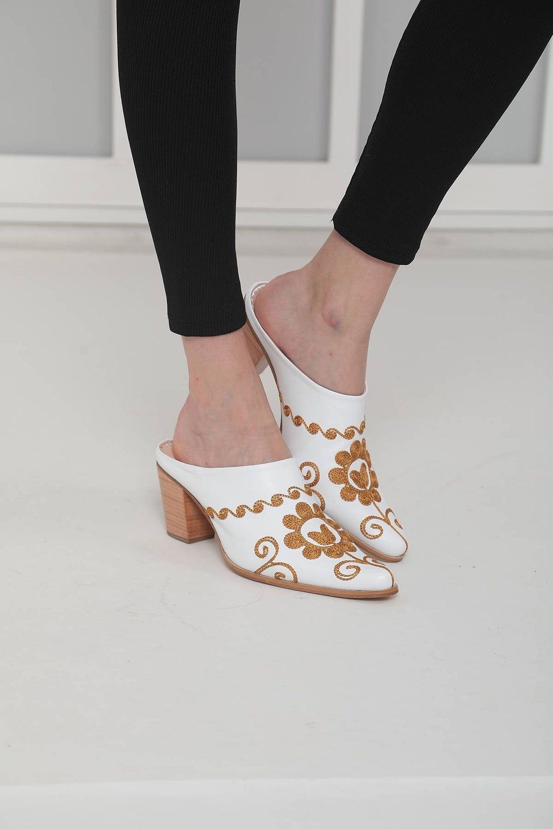 Square Appliques Leather Mules Shoes