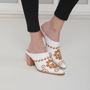 Custom Made Women's Mules, Genuine Leather, Embroidery Sandals, Open Heel, Slip On, For Her, Outdoor Fit, Made To Order, Pointy Toe Mules
