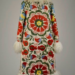 Handmade Suzani Shearling Coat: Vintage Afghan Style Embroidered Coat