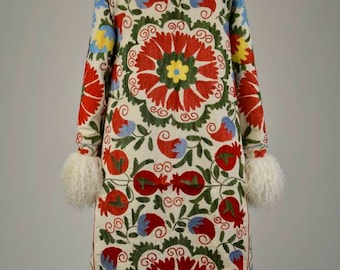 Handmade Suzani Shearling Coat: Vintage Afghan Style Embroidered Coat