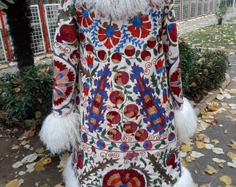 Handmade Suzani Coat: Afghan Style Mongolian Shearling Trim