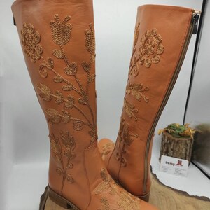 Custom Boots, Honey Brown, Suzani Boots, Knee High, Riding Style, Low Heel, For Her, Handmade, Round Toe, Embroidery Boots, Casual Boots image 9