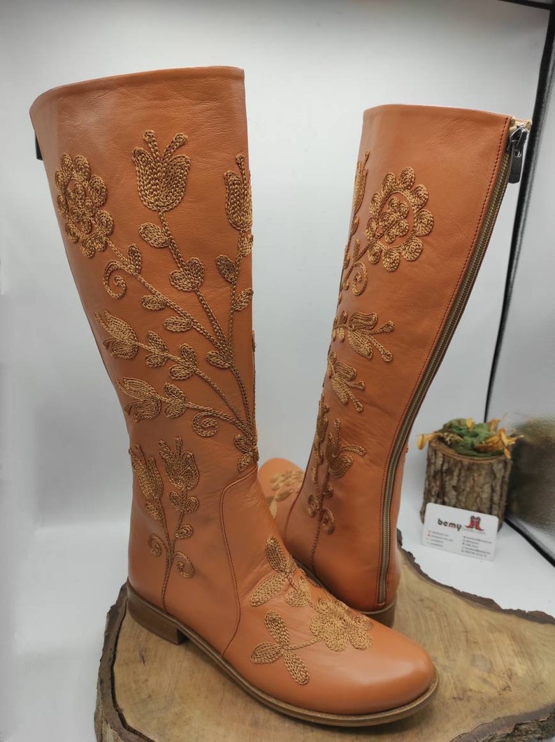 Custom Boots, Honey Brown, Suzani Boots, Knee High, Riding Style, Low Heel, For Her, Handmade, Round Toe, Embroidery Boots, Casual Boots image 9