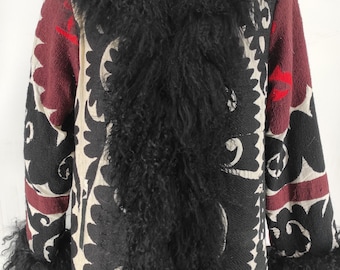Abrigo de piel de oveja Suzani vintage: abrigo afgano de piel mongola