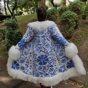 Vintage Suzani Embroidered Coat: Shearling Trim, Afghan Style