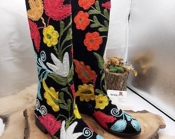 Suzani Embroidered Women's Boots, Riding Boots, Custom Made Boots, Vintage Fashion, FREE SHIPPING