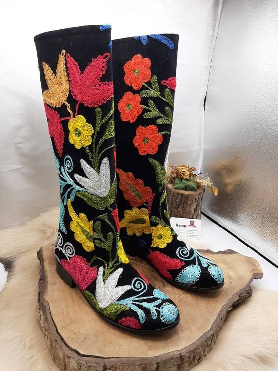 Suzani Embroidered Women s Boots Riding Boots Custom Made Boots Vintage Fashion FREE SHIPPING