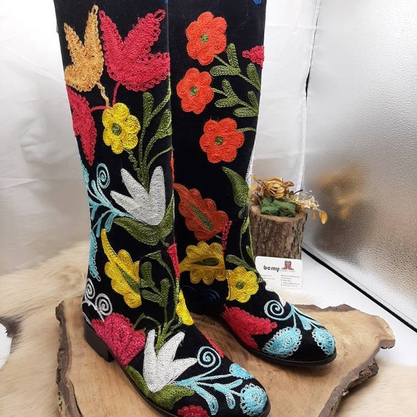 Suzani Embroidered Women's Boots, Riding Boots, Custom Made Boots, Vintage Fashion, FREE SHIPPING