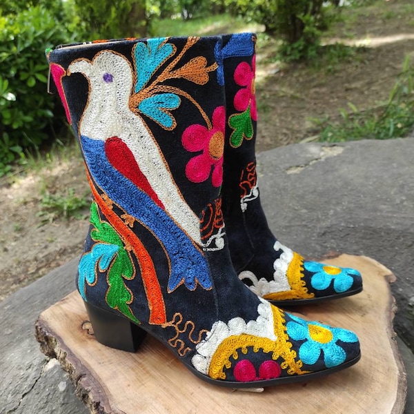 Cowboy Boots, Vintage Boots, Suzani Boots, Mid Calf, Custom Made, Boho Fashion, For Her, Handmade, Cowgirl Boots, Embroidery Boots