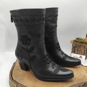 Handmade Leather Cowboy Boots: Custom Floral Mid Calf Boots