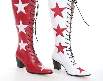 May include: A pair of knee-high boots with a star pattern. One boot is red with white stars and the other is white with red stars. Both boots have black laces and a pointed toe.
