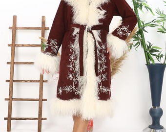 Embroidered Suede Shearling Coat: Custom Made Afghan Winter Coat