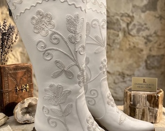 Embroidered White Leather Cowboy Boots: Custom Knee High Western Boots