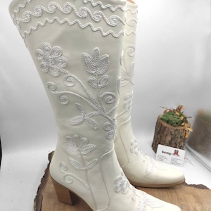 White Cowboy Leather Boots, Suzani Boots, Casual Boots, For Her, Custom Made, Everyday Boots, Handmade, Made To Order, Wedding Shoes