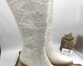 White Cowboy Leather Boots, Suzani Boots, Casual Boots, For Her, Custom Made, Everyday Boots, Handmade, Made To Order, Wedding Shoes