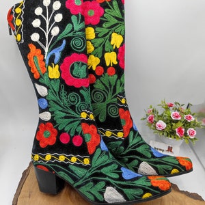 Handmade Suzani Cowboy Boots: Floral Embroidered Leather Cowgirl Boots