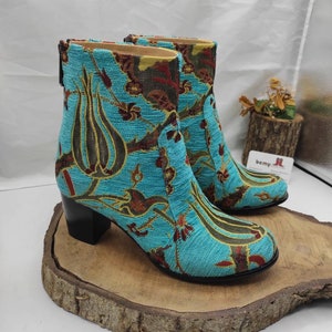Enkellaarzen, Suzani-laarzen, aangepaste laarzen, turkoois, damesschoenen, pasvorm outdoor, cadeau voor haar, leren schoenen, chique schoenen