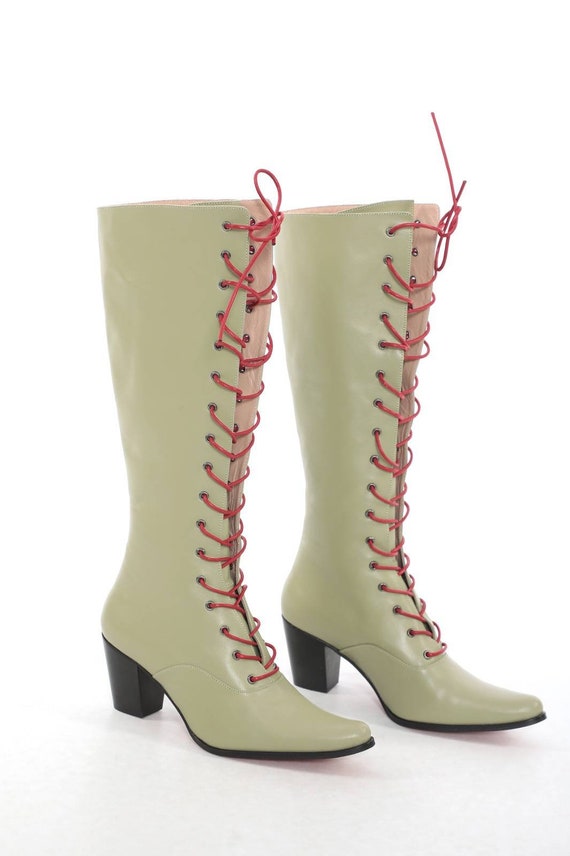 Olive green leather hot sale boots