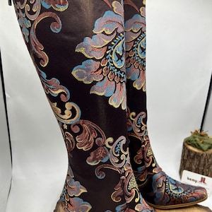 Cowboy Boots, Custom Made, Very Chic Women's Boots, Genuine Leather Tapestry Boots, Knee High, Pointy Toe, For Her, Boots Addict