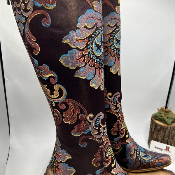 Cowboy Boots, Custom Made, Very Chic Women's Boots, Genuine Leather Tapestry Boots, Knee High, Pointy Toe, For Her, Boots Addict