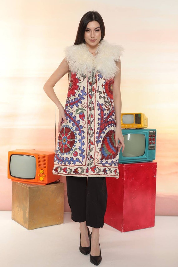 Vintage Shearling Waistcoat: Hand Embroidered Suzani Floral Vest