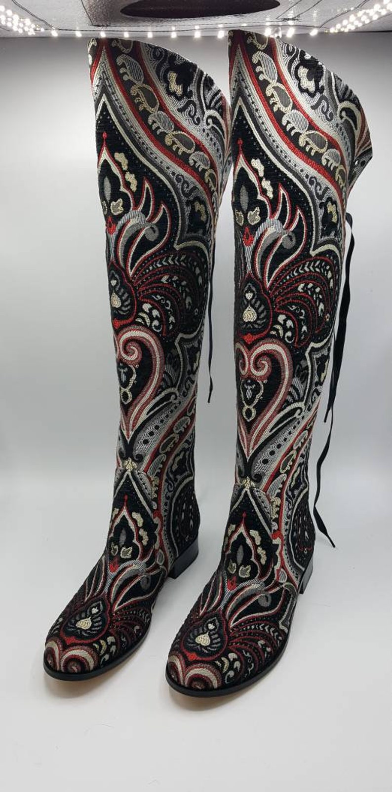 FREE SHIPPING Suzani Women/'s Boots Custom Made Black Boots Over The Knee Boots