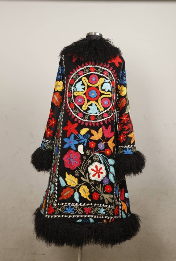 スザニ刺繍入りシアリングトリムコート、アフガンコート、ヴィンテージ 