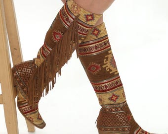 Kilim Fringe Cowboy Boots: Custom Made Boho Style Women's Boots