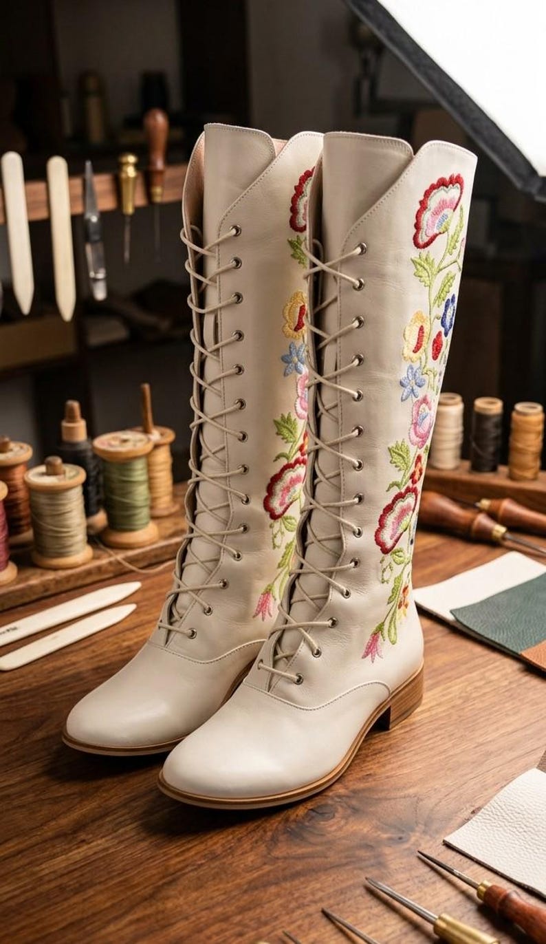 May include: A pair of cream-colored, knee-high boots with intricate floral embroidery in red, pink, yellow, and blue. The boots have a lace-up design and a low heel, showcasing a blend of style and craftsmanship.