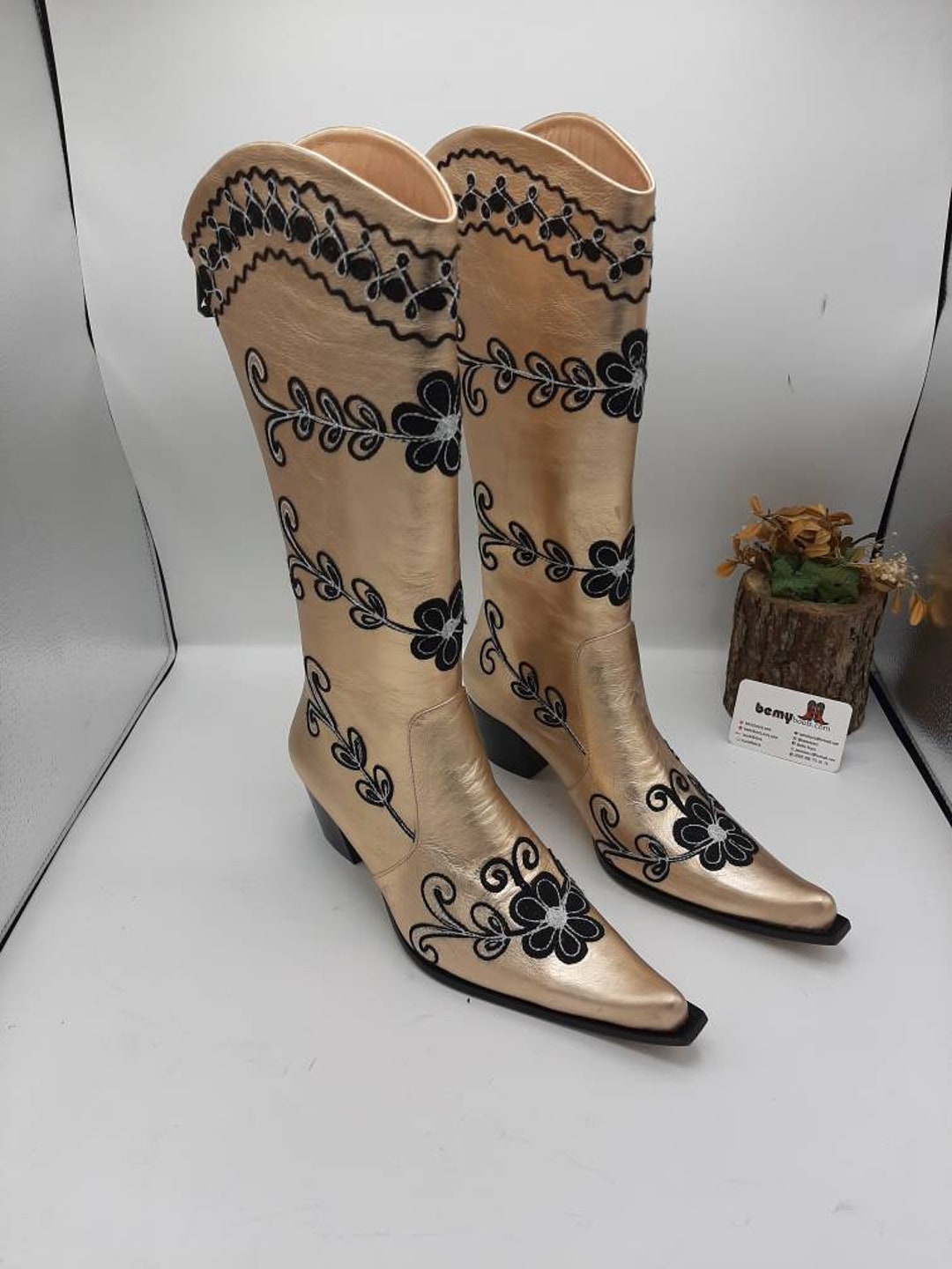 Cowboy Boots, Genuine Leather, Custom Made, Pointy Toe, Golden Rose ...