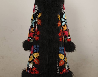 Suzani Embroidered Shearling Trimmed Coat, Afgan Coat, Vintage Coat, Custom Made, Fur, For Her, Shearling Coat, Made To Order, FREE SHIPPING