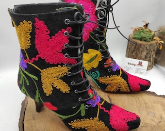 Handmade Suzani Ankle Boots: Embroidered Victorian Lace Up Kitten Heel