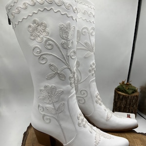 Embroidered White Leather Cowboy Boots: Custom Knee High Western Boots