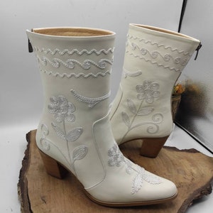 White Leather Boots, Cowboy Boots, Made To Order, Mid Calf, Short Boots, Wedding Boots, Casual Boots, Everyday Boots, Suzani Boots image 7