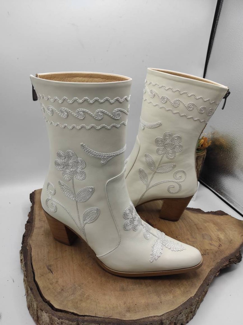 White Leather Boots, Cowboy Boots, Made To Order, Mid Calf, Short Boots, Wedding Boots, Casual Boots, Everyday Boots, Suzani Boots image 7