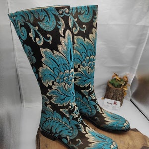 Low Heel Boots, Custom Made, Riding Boots, Tapestry Boots, Genuine Leather, Knee High, Round Toe, Comfy Boots, For Her, Casual Boots