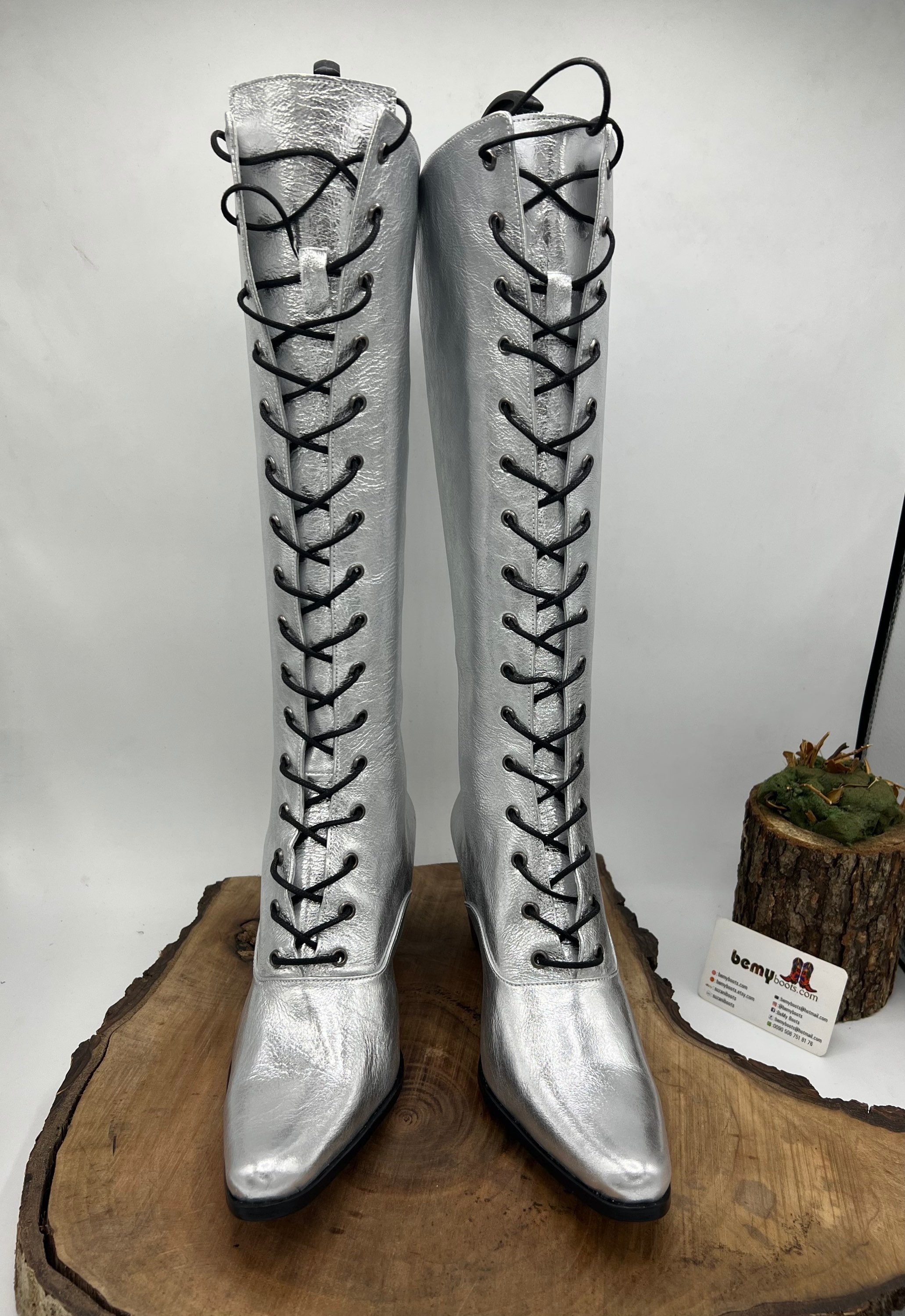 Silver Patent Lace-Up Boots, Authentic & Vintage