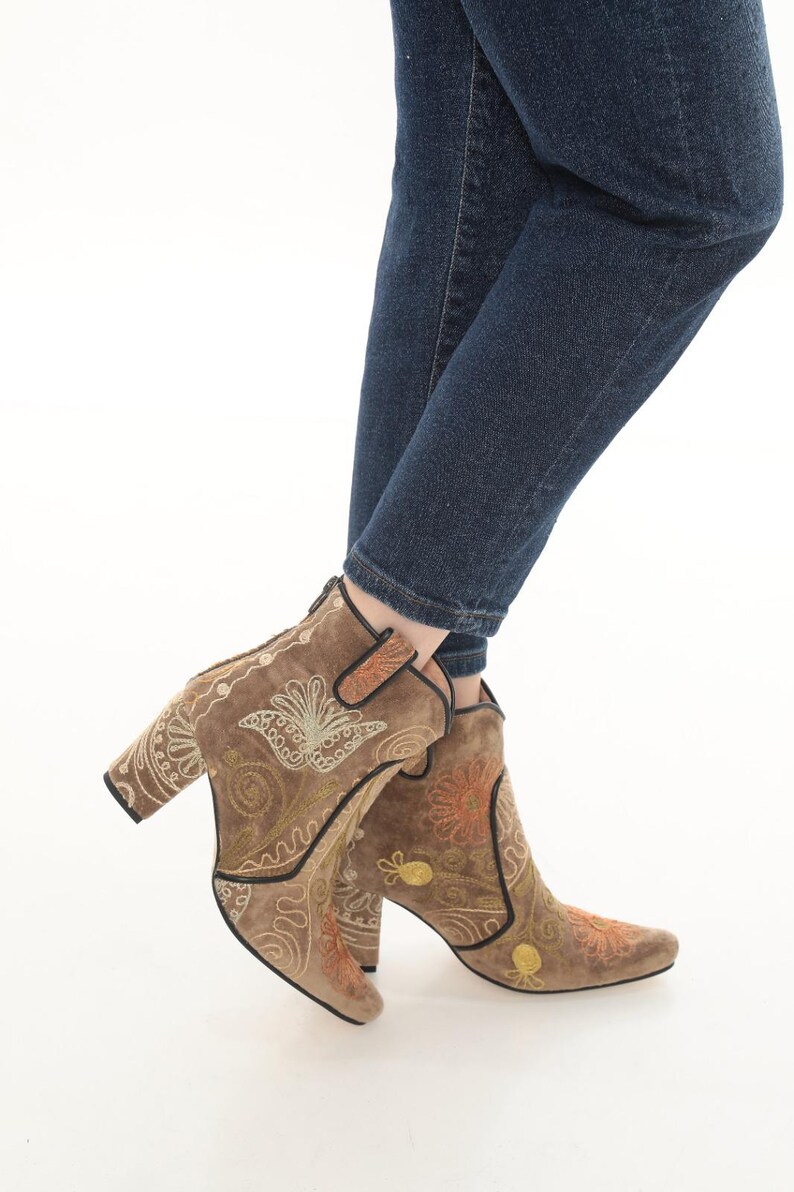 Handmade Suzani Ankle Boots: Floral Embroidered Leather Booties image 2
