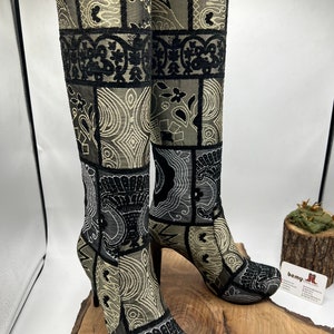 Platform Toe Stiletto Heel Boots, Custom Made Women&#39;s Boots, Knee High, Comfy Boots, Suzani Boots, Genuine Leather, Black Golden Boots