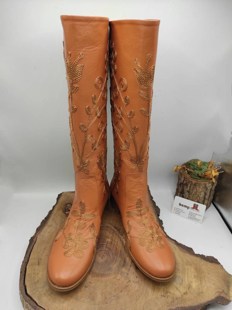 Custom Boots, Honey Brown, Suzani Boots, Knee High, Riding Style, Low Heel, For Her, Handmade, Round Toe, Embroidery Boots, Casual Boots image 4