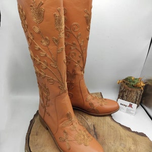 Custom Boots, Honey Brown, Suzani Boots, Knee High, Riding Style, Low Heel, For Her, Handmade, Round Toe, Embroidery Boots, Casual Boots image 5