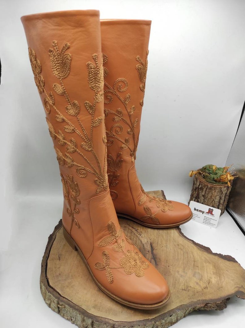 Custom Boots, Honey Brown, Suzani Boots, Knee High, Riding Style, Low Heel, For Her, Handmade, Round Toe, Embroidery Boots, Casual Boots image 5