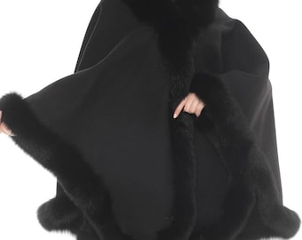 Poncho de cachemira con ribete de piel de zorro - Chal de invierno