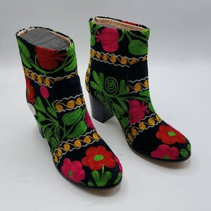 Vintage Suzani Ankle Boots: Handmade Embroidered Leather Boho Shoes