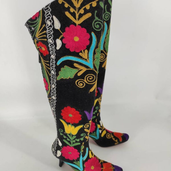 Over Knee Boots, Vintage Boots, Suzani Boots, Tapestry Boots, Pointy Toe, For Her, Boho Fashion, Floral Pattern, Custom Made, Kitten Heel