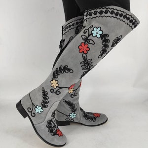 Over Knee High Women&#39;s Boots, Custom Made, Suzani Boots, Riding Style, Floral Pattern, For Her, Handmade, Suede Boots, Fantasy Boots