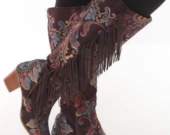 Genuine Leather Custom Made Women's Boots, Fringe Boots, Made To Order, Knee High, Western Boots, Tapestry Boots, For Her, Comfy Boots