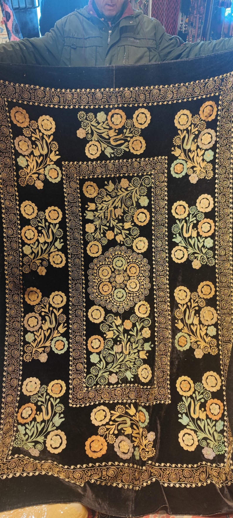 Vintage Shearling Coat, Floral Embroidery, Suzani Afghan Style image 2