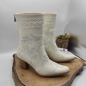 White Leather Boots, Cowboy Boots, Made To Order, Mid Calf, Short Boots, Wedding Boots, Casual Boots, Everyday Boots, Suzani Boots image 8